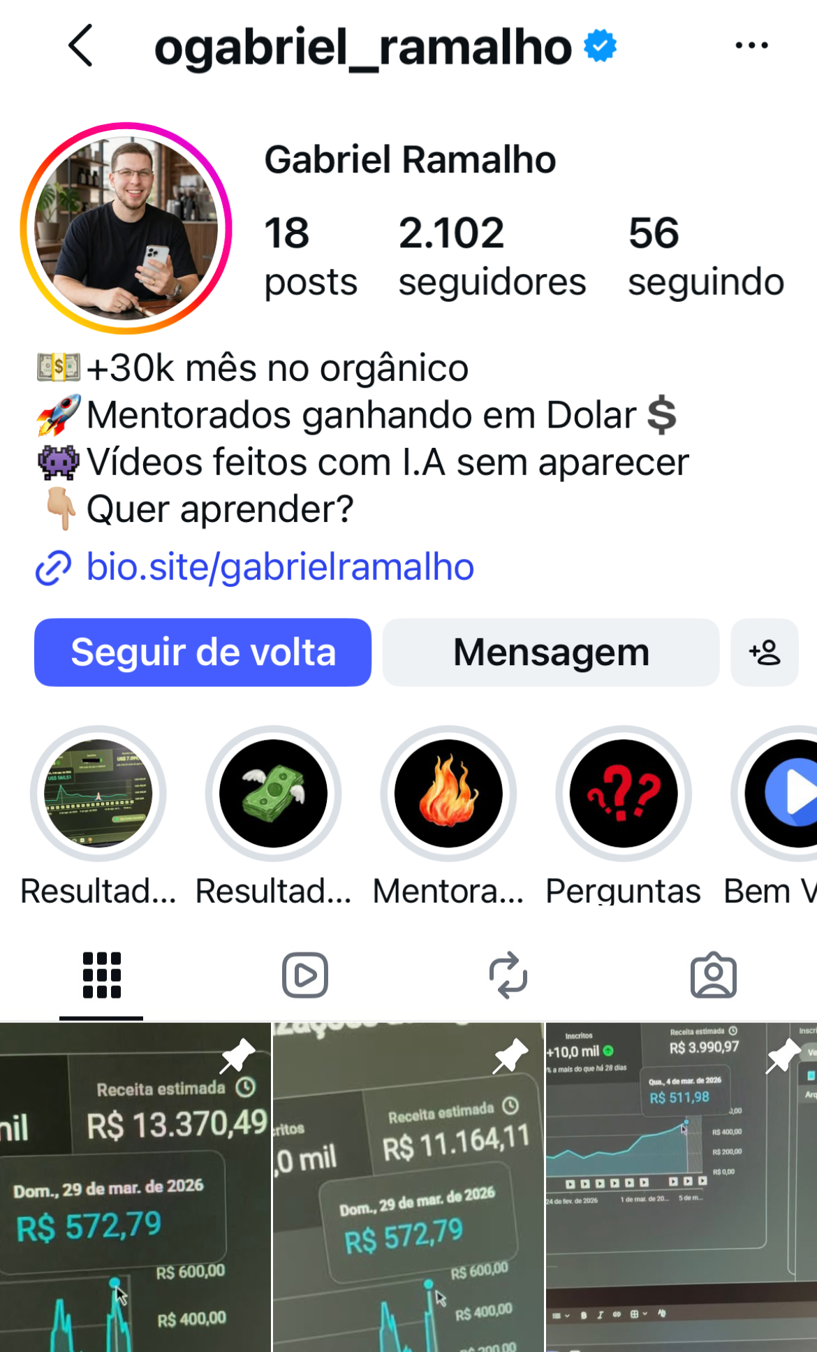Print atualizado do Instagram @ogabriel_ramalho